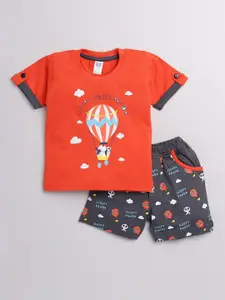 Nottie Planet Boys Red & Charcoal Grey Printed Pure Cotton T-shirt With Shorts
