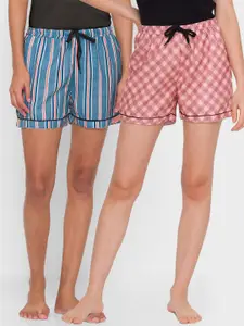 FashionRack Women Blue & Brown Pack Of 2 Printed Lounge Shorts