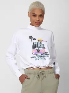 FOREVER 21 Women White Graphic Printed Pure Cotton Winter Cropped Sweatshirt