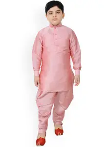 SG YUVRAJ Boys Pink Solid Raw Silk Kurta with Dhoti Pants