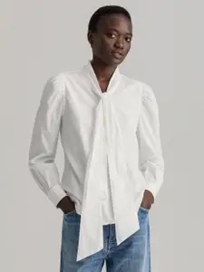 GANT White Tie-Up Neck Cuffed Sleeves Pure Cotton Shirt Style Top