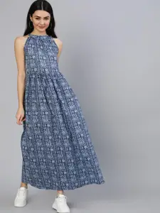 Nayo Blue Ethnic Motifs Crepe Cotton Maxi Dress