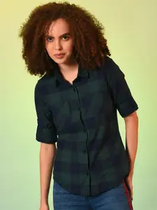 Campus Sutra Women Green Classic Checked Casual Shirt