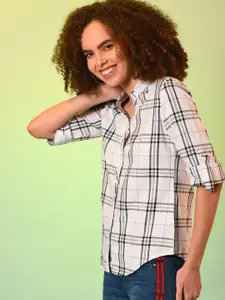 Campus Sutra Women White Cotton Classic Tartan Checks Checked Casual Shirt