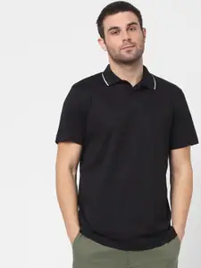 SELECTED Men Black Polo Collar Organic Cotton T-shirt