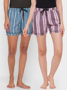 FashionRack Women Pack Of 2 Pink & Blue Printed Cotton Lounge Shorts