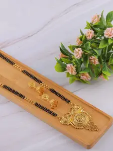 Brandsoon Black-Toned & Gold-Plated Beaded Traditional Mangalsutra With Earrings