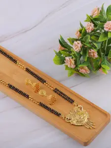Brandsoon Black-Toned & Gold-Plated Beaded Traditional Mangalsutra With Earrings