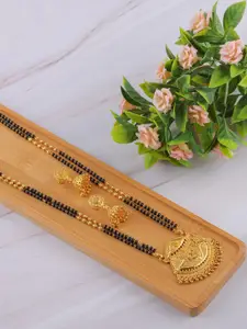 Brandsoon Gold-Plated Black Beaded Mangalsutra With Earrings