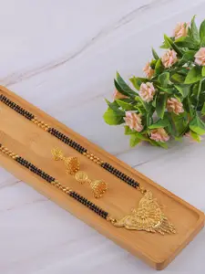 Brandsoon Gold-Plated & Black Beaded Traditional Mangalsutra With Earrings