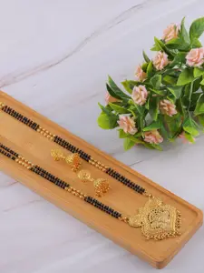Brandsoon Gold-Plated Black Beaded Mangalsutra With Earrings