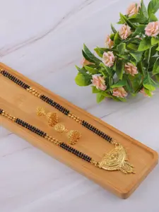 Brandsoon Black Gold-Plated Beaded Mangalsutra With Earrings