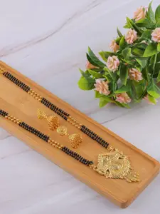 Brandsoon Gold-Plated & Black Beaded Traditional Mangalsutra With Earrings