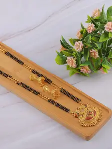 Brandsoon Gold-Plated & Black Beaded Mangalsutra With Earring
