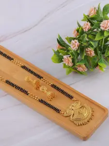 Brandsoon Gold-Plated Black Beaded Mangalsutra With Earrings