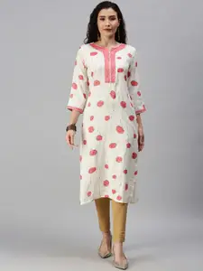 SHOWOFF Women Off White & Pink Floral Printed Cotton Blend V-Neck Gotta Patti Kurta
