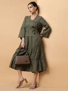 SHOWOFF Women Olive Green & White Solid Cotton A-line Kurta