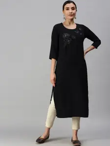 SHOWOFF Women Navy Blue Sequinned Straight Kurta