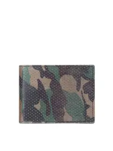 THE CLOWNFISH Men Green & Beige Camouflage Printed Leather Two Fold Wallet