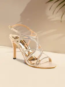 Flat n Heels Gold-Toned Embellished Open Toes Stiletto With Ankle Loop