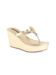 Flat n Heels Gold-Toned Embellished Open Toe Wedge Sandals