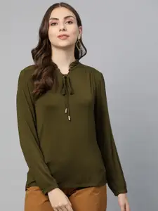 Marks & Spencer Olive Green Tie-Up Neck Long Puff Sleeve Top