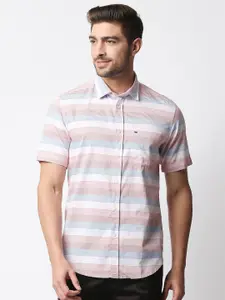 Basics Men Pink & White Slim Fit Horizontal Stripes Striped Pure Cotton Casual Shirt
