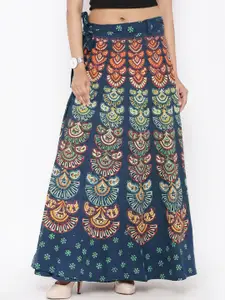 SOUNDARYA Teal Blue Ethnic Print Wrap-Around Maxi Skirt