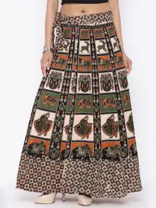 SOUNDARYA Beige & Green Ethnic Print Wrap-Around Maxi Skirt