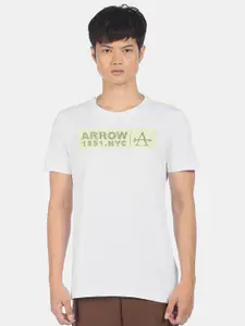 Arrow Men White & Yellow Typography Printed T-shirt