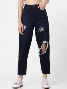 ONLY Women Blue High-Rise Highly Distressed Stretchable Jeans