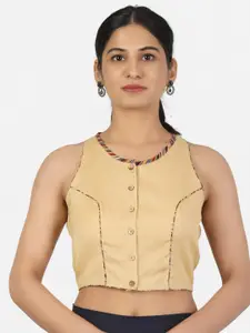 Llajja Women Beige Solid Cotton Non Padded Saree Blouse