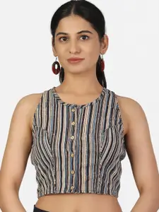 Llajja Grey Melange & Blue Striped Pure Cotton Saree Blouse