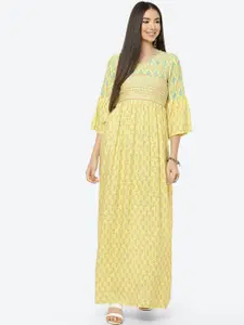 Rangriti Yellow & Coral Ethnic Motifs Ethnic Maxi Dress