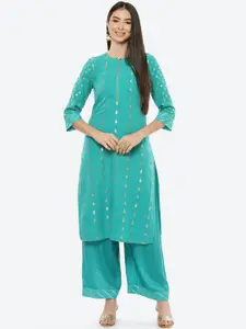 Rangriti Women Turquoise Blue & Golden Geometric Printed Brocade Kurta