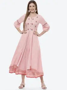 Rangriti Pink & White Floral Ethnic Midi Dress