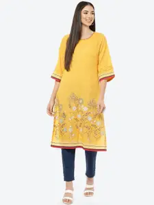Rangriti Women Mustard Yellow Floral Flared Sleeves Kurta