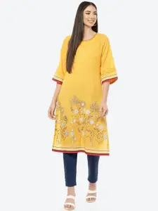 Rangriti Women Mustard Yellow Floral Flared Sleeves Kurta
