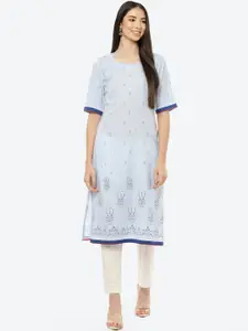 Rangriti Women Blue Ethnic Motifs Printed Thread Work Kurta