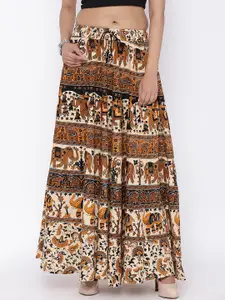 SOUNDARYA Beige & Brown Ethnic Print Flared Maxi Skirt