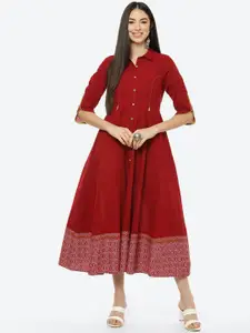 Rangriti Maroon Geometric Printed Shirt Midi Dress