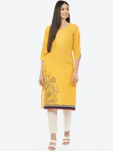 Rangriti Women Mustard Yellow Floral Thread Work Kurta