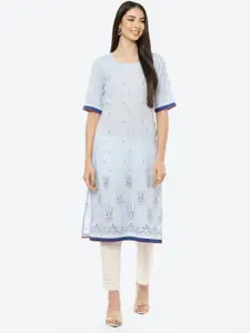 Rangriti Women Blue Ethnic Motifs Printed Thread Work Kurta