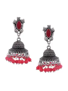 Silvermerc Designs Silver-Toned & Red Contemporary Jhumkas Earrings