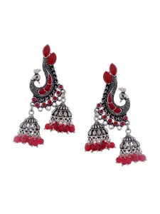 Silvermerc Designs Silver-Toned & Red Contemporary Jhumkas Earrings
