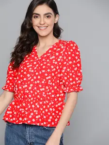 Mast & Harbour Red & White Floral Print Wrap Top