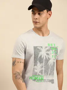 Being Human Men Grey Melange Printed Round Neck T-shirt