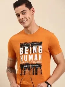 Being Human Men Orange & Black Typography Printed Casual T-shirt