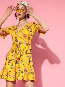 Berrylush Yellow Floral Crepe Dress