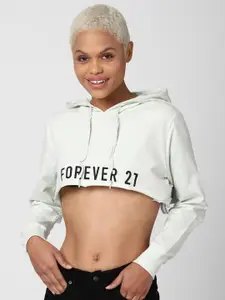 FOREVER 21 Women Green Printed Pure Cotton Hooded Crop Sweatshirt